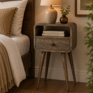 Solid Mango Wood Grey Washed 1 Drawer 1 Slot Mini Curve Open Bedside