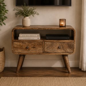 Solid Mango Wood Grey Washed 2 Drawer Media Unit