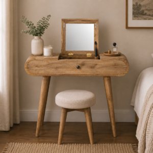 Solid Mango Wood Oak Finished Foldaway Mirror Mini Round Dressing Table