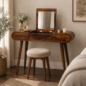 Solid Mango Wood Chestnut Finished 3 Drawer Fold Away Mirror Dressing Table