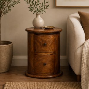 Solid Mango Wood Chestnut Finished 2 Drawer Drum Mini Chest