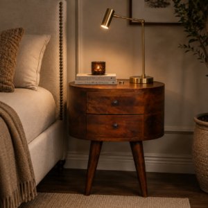 Solid Mango Wood Chestnut Finished Rounded 2 Drawer Mini Bedside with Reading Light