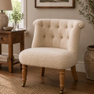 Solid Mango Wood Oak Finished Boucle Upholstered Cream Accent Chair
