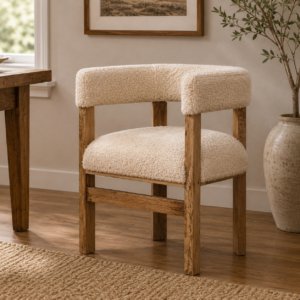Solid Mango Wood Oak Finished Boucle Upholstered Cream Chair