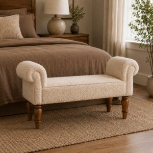 Solid Mango Wood Oak Finished Boucle Cream Footstool/Bench with Arms