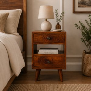 Solid Mango Wood Chestnut Finished 2 Drawer 1 Slot Mini Classic Bedside
