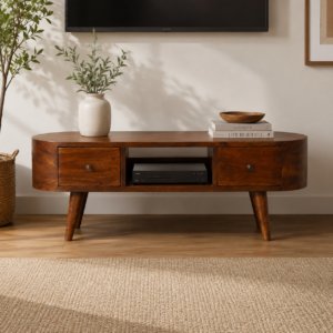 Solid Mango Wood Chestnut Finished 2 Drawer 1 Slot Round Open Media Unit