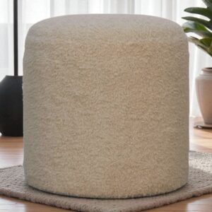 Solid Mango Wood Cream Boucle Upholstered Round Footstool