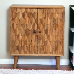 Solid Mango Wood Oak Finished Pineapple Patterned 2 Door Cabinet