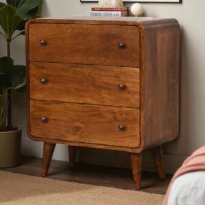 Solid Mango Wood Chestnut Finished 3 Drawer Mini Curved Chest