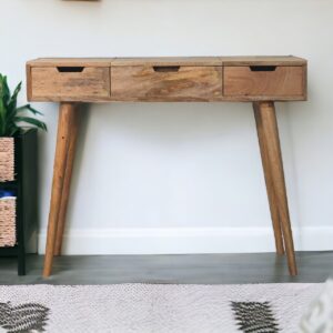 Solid Mango Wood Oak Finished 3 Drawer Foldaway Mirror Dressing Table
