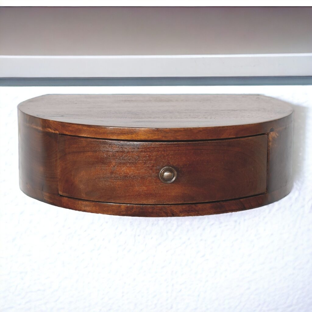 Solid Mango Wood Chestnut Finished 1 Drawer Wall Mounted Rounded Bedside