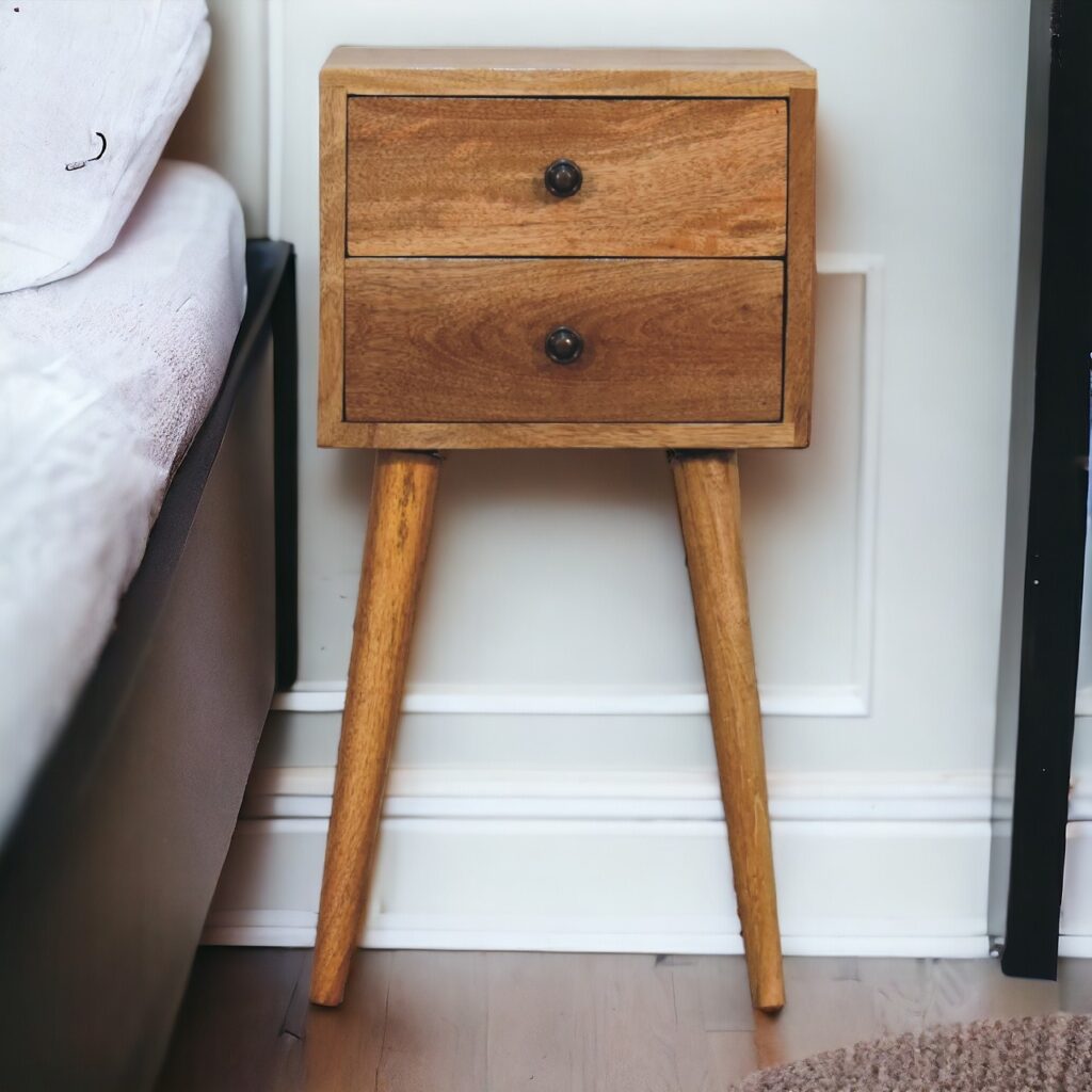 Solid Mango Wood Oak Finished Mini 2 Drawer Bedside