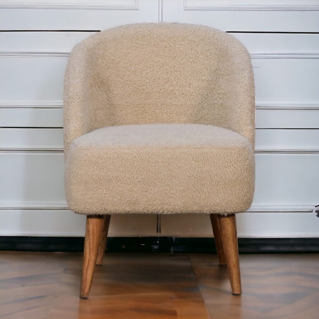 Solid Mango Wood Oak Finished Cream Boucle Upholstered Tub Chair