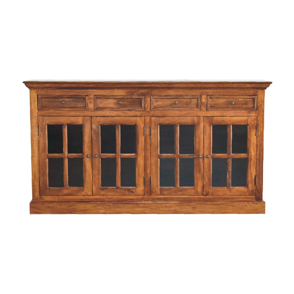 Solid Mango Wood Chestnut Finished 4 Drawer 4 Glass Doors Large Sideboard