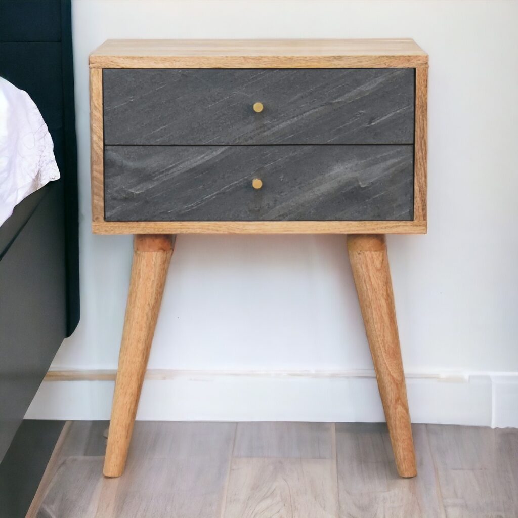 Solid  Mango Wood Oak Finished & Slate Veneer 2 Drawer Slade Bedside