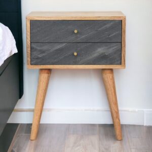 Solid  Mango Wood Oak Finished & Slate Veneer 2 Drawer Slade Bedside