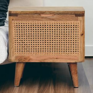 Solid Mango Wood Oak Finished Woven Front Lid Up Stool