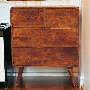 Solid Mango Wood Chestnut Finished Curved 2 over 2 Drawer Chest