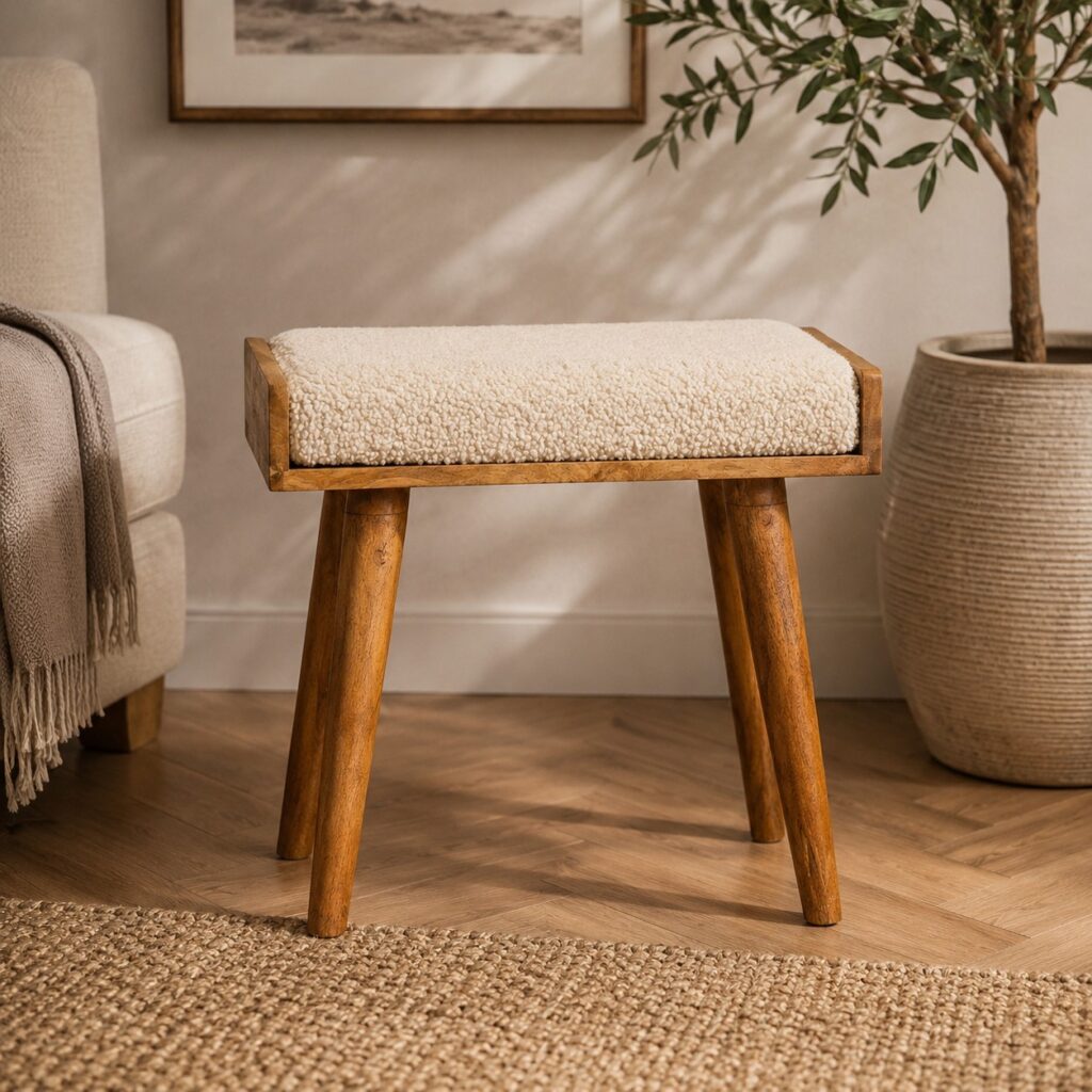 Solid Mango Wood Naturally Finished Boucle Cream Tray Style Footstool