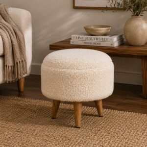 Solid Mango Wood Naturally Finished Cream Boucle Rounded Footstool