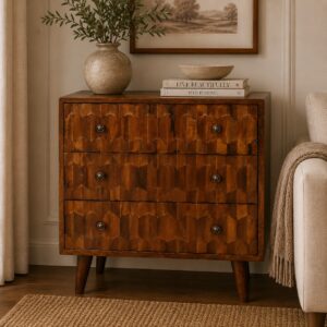 Solid Mango Wood Chesnut Finished Pineapple Patterned 3 Drawer Mini Chest
