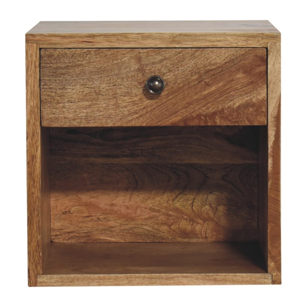 Solid Mango Wood Oak Finished 1 Drawer Floating Mini Classic Bedside