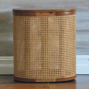 Solid Mango Wood Oak Finished Rattan Larissa Lid-up Storage Stool