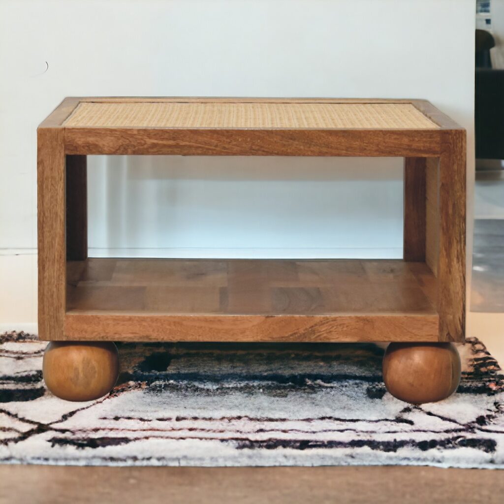 Solid Mango Wood Oak Finished Larissa Rattan Small Coffee Table with Ball Feet