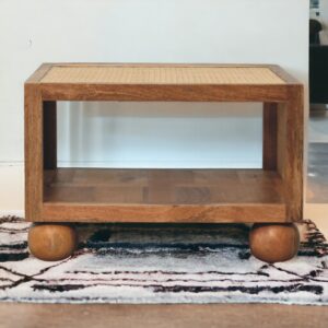 Solid Mango Wood Oak Finished Larissa Rattan Small Coffee Table with Ball Feet