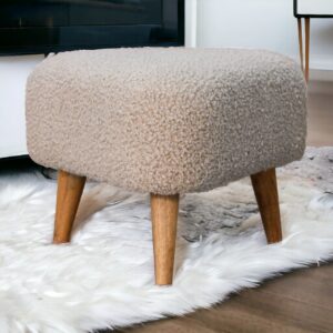 Solid Mango Wood Oak Finished Cream Boucle Upholstered Triangle Footstool