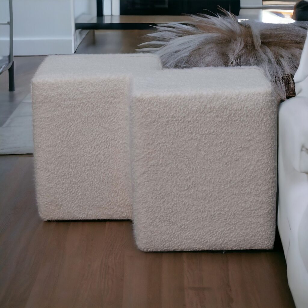 Solid Mango Wood White Boucle Twin Footstool