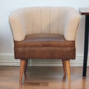 Solid Mango Wood Boucle Cream & Leather Armchair