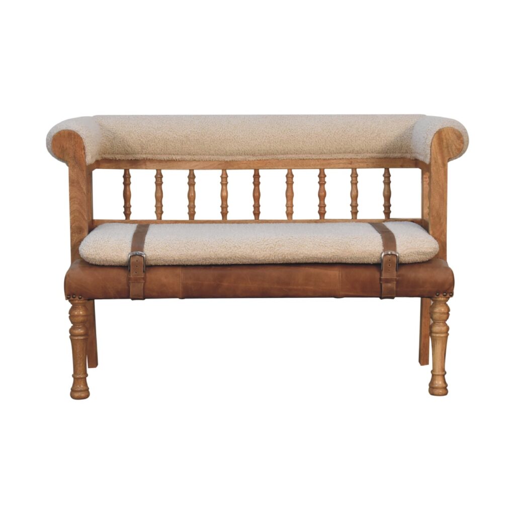 Solid Mango Wood Oak Finished Cream Boucle & Leather Bench