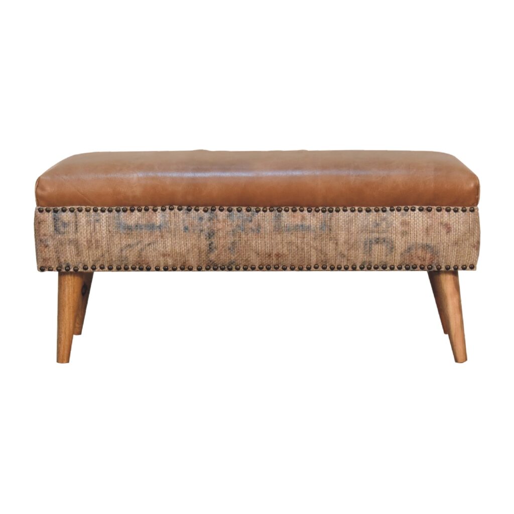 Solid Mango Wood Oak Finish with Durrie Fabric & Tan Leather Upholstery