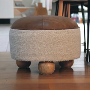 Solid Mango Wood Cream Boucle  & Leather Upholstered Footstool