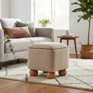 Solid Mango Wood Oak Finished Boucle & Leather Upholstered Serenity Footstool with Ball Feet