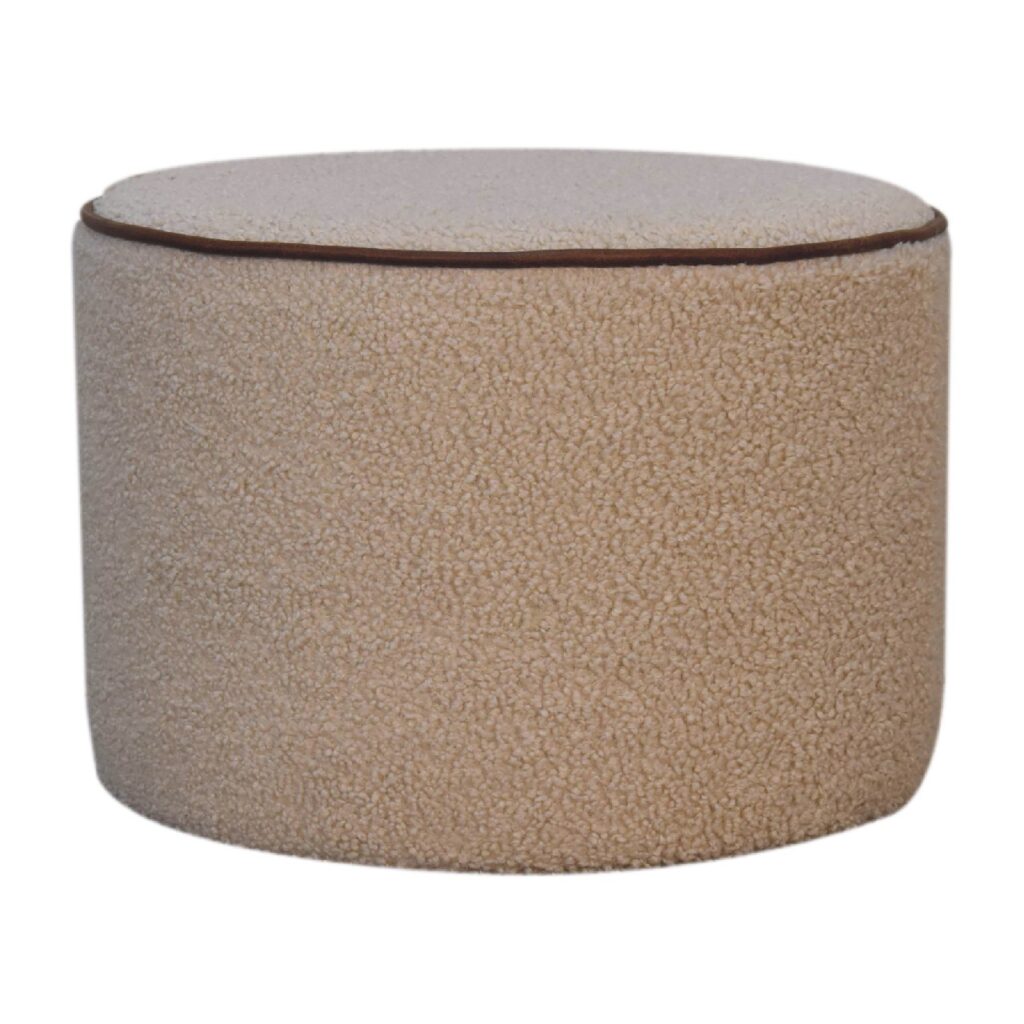 Solid Mango Wood Boucle with Leather Piping Large Round Stool
