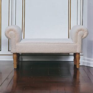 Solid Mango Wood White Boucle Upholstered Bench