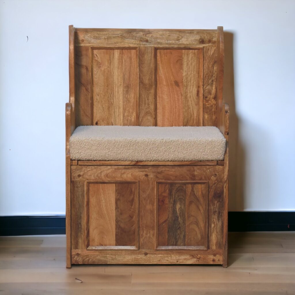 Solid Mango Wood Oak Finished Cream Boucle Upholstered Small Monks Bench