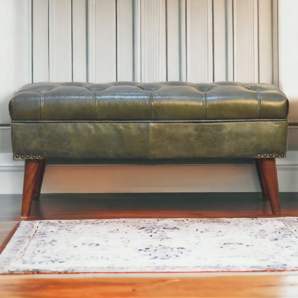 Solid Mango Wood Solid Chestnut Finished Olive Green Leather Stool with Studs