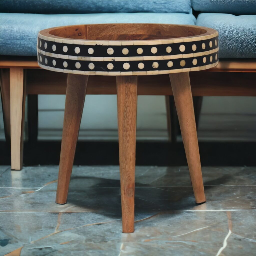 Solid Mango Wood Oak Finished Bone Inlay End Table