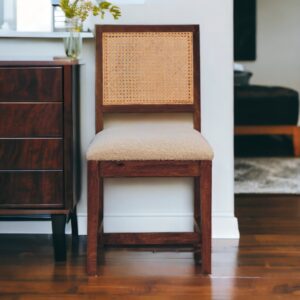 Solid Mango Wood Chestnut Finished Cream Boucle Rattan Chair
