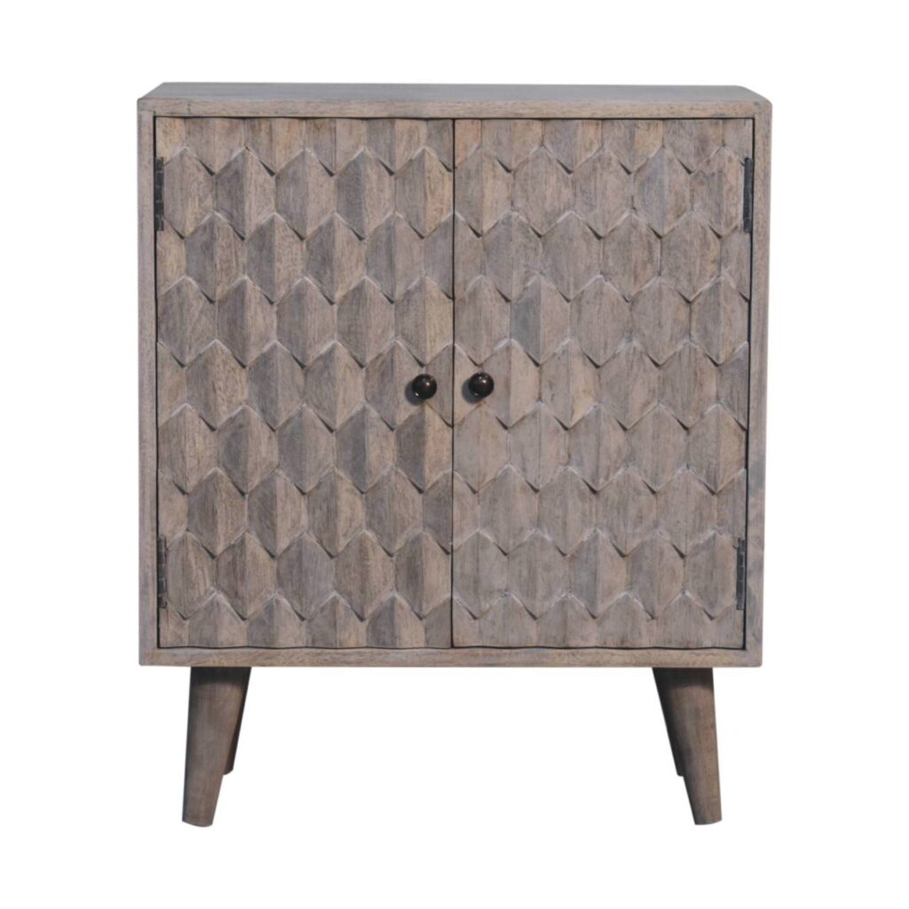 Solid Mango Wood Stone Finished Carved Mini Pineapple 2 Door Cabinet