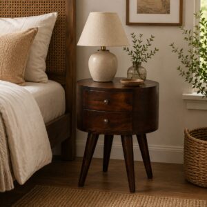 Solid Mango Wood California Walnut Finished 2 Drawer Rounded Bedside Table