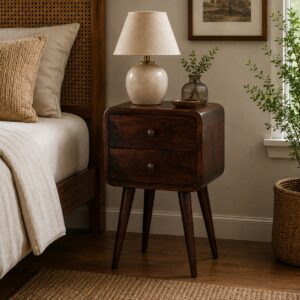 Solid Mango Wood California Walnut 2 Drawer Mini Curved Bedside