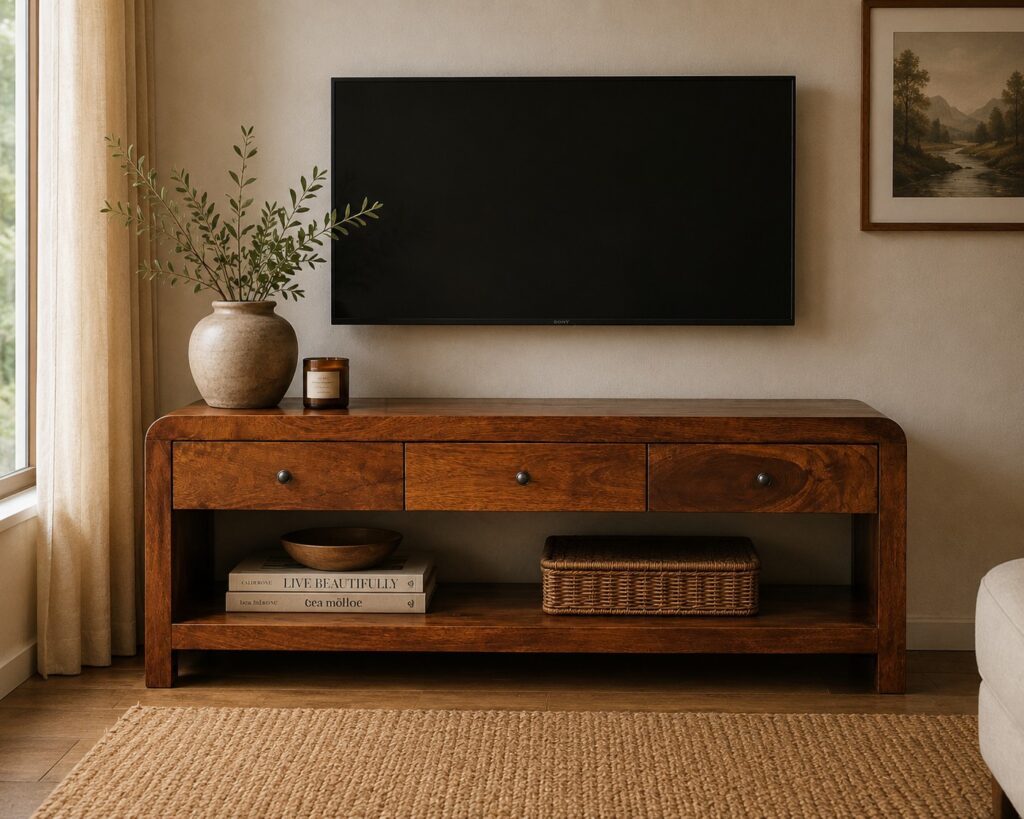 Solid Mango Wood Solid Chestnut Finished Aspen 3 Drawer Media/Television Unit