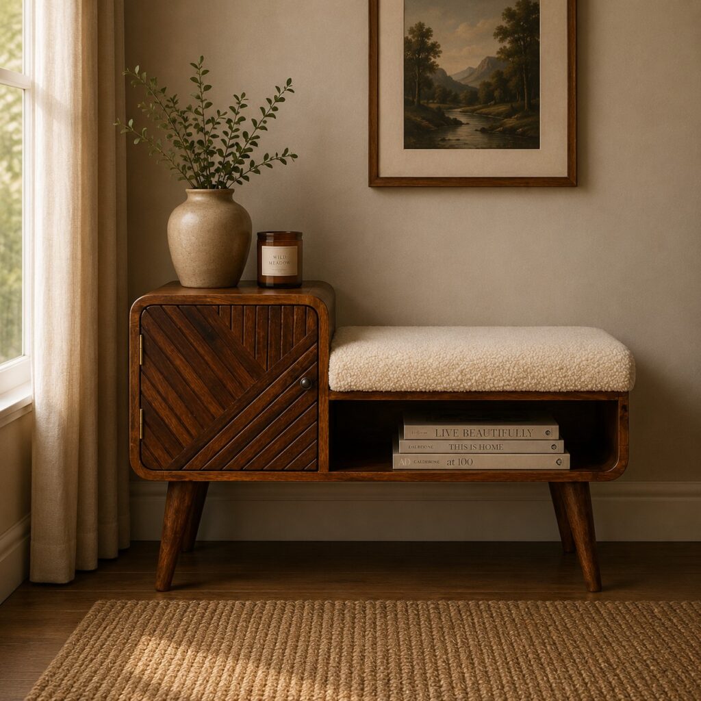Solid Mango Wood Chestnut Finished Boucle Upholstered Carved Table