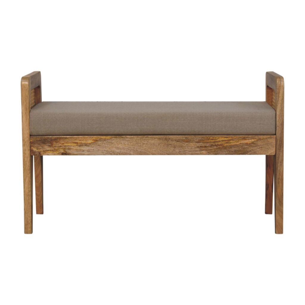 Solid Mango Wood Light Tan Coloured Linen and Rattan Bench