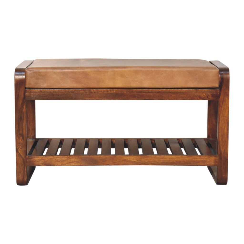 Solid Mango Wood Chestnut Finished Small Leather Upholstered Slatted Hallway Bench